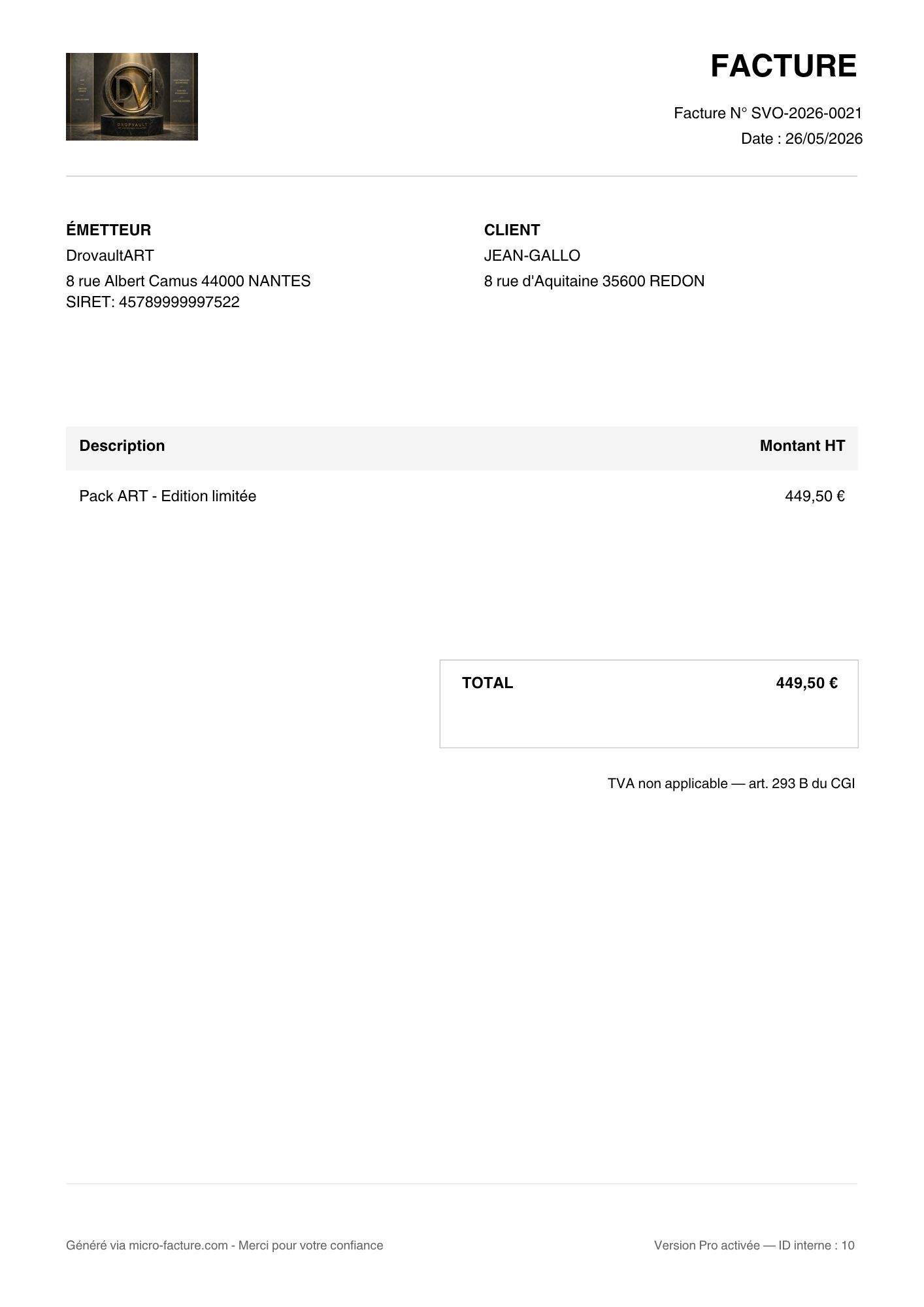 Exemple de facture PDF générée avec Micro-Facture
